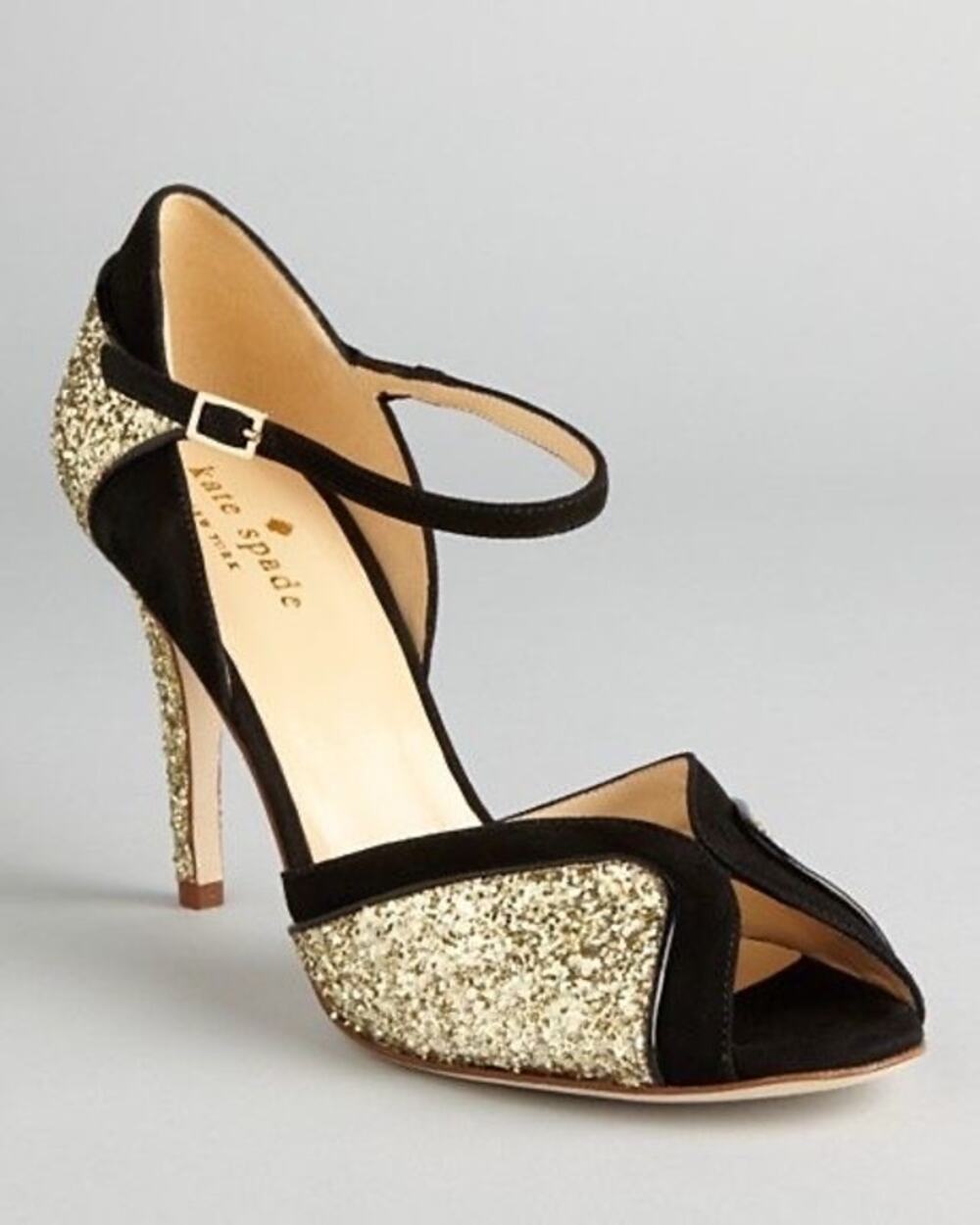 Kate Spade Corinne Black Gold Glitter Peep Toe Strappy Heels Made Italy - Size 9